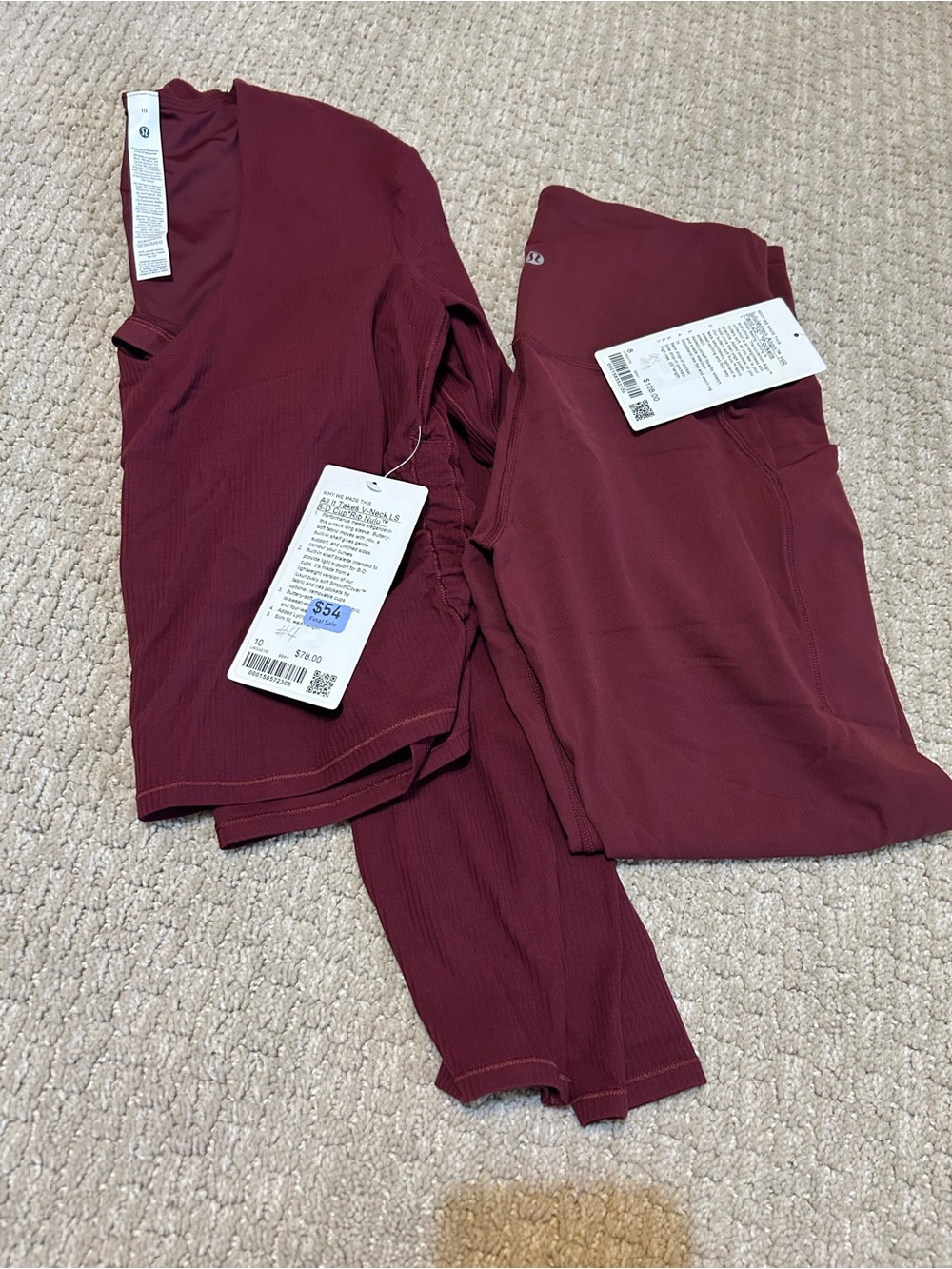 Lululemon Burgundy Bay Set Leggings and Long Sleeve 8/10 $206 NWT